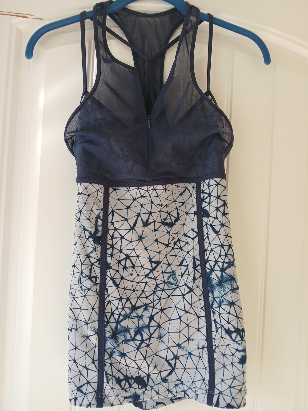 Navy and White Mesh-Top Yoga Patterned Tank Top